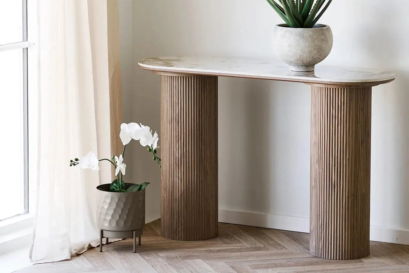 Console ATHENS avec un plateau en céramique, blanc, marron foncé 40 x 120 x 78 cm HOUSE NORDIC