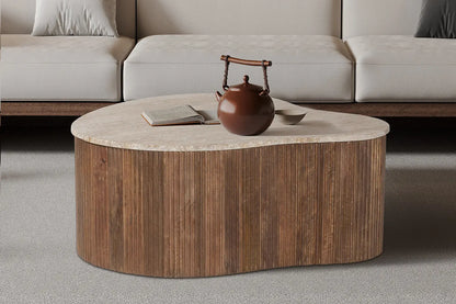 ELY - Table basse en Bois de Manguier avec un plateau en Travertin Beige - 83 cm ROUSSEAU