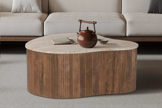 ELY - Table basse en Bois de Manguier avec un plateau en Travertin Beige - 83 cm ROUSSEAU