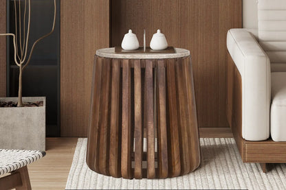 EYAN - Table basse Ronde en Bois de manguier avec plateau effet Travertin Beige - 40 cm ROUSSEAU