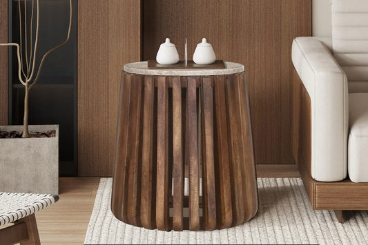 EYAN - Table basse Ronde en Bois de manguier avec plateau effet Travertin Beige - 40 cm ROUSSEAU