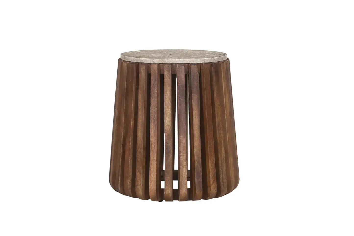 EYAN - Table basse Ronde en Bois de manguier avec plateau effet Travertin Beige - 40 cm ROUSSEAU