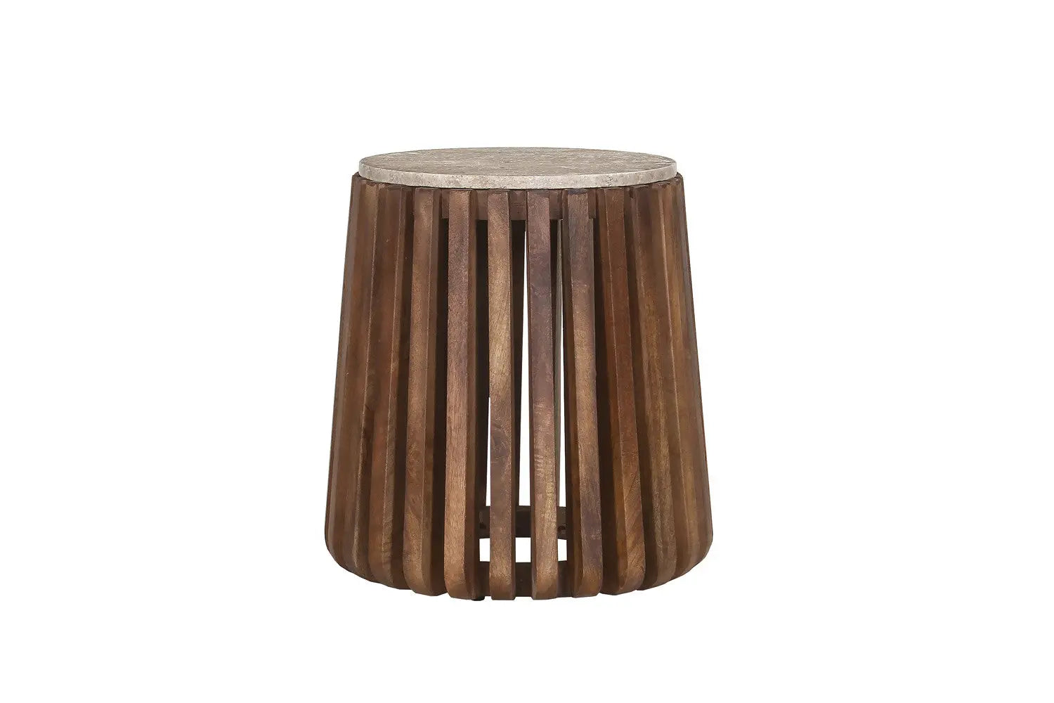 EYAN - Table basse Ronde en Bois de manguier avec plateau effet Travertin Beige - 40 cm ROUSSEAU