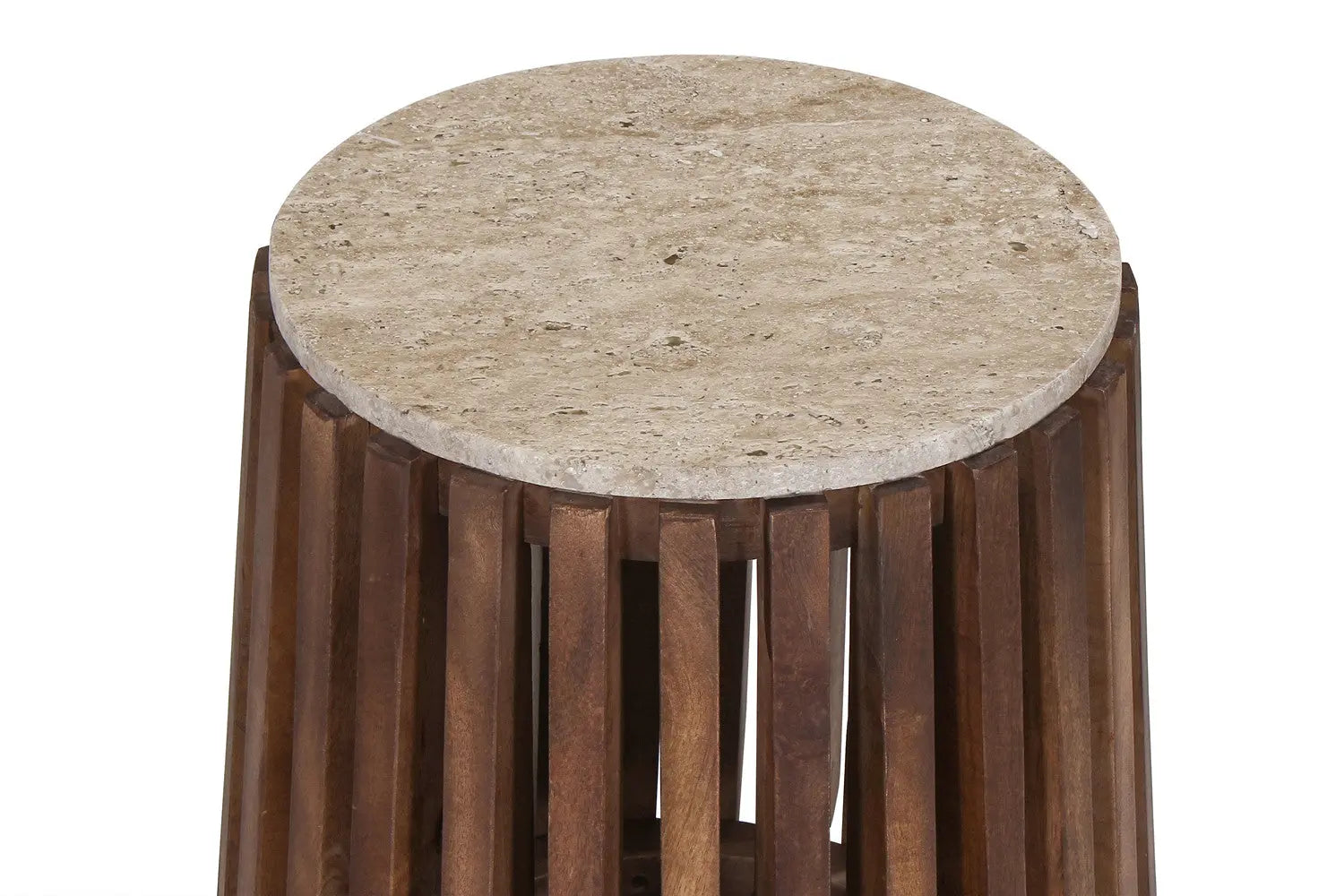 EYAN - Table basse Ronde en Bois de manguier avec plateau effet Travertin Beige - 40 cm ROUSSEAU