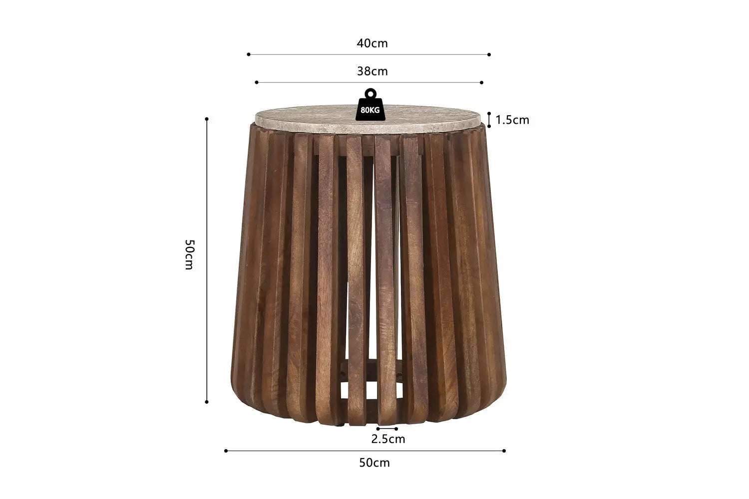EYAN - Table basse Ronde en Bois de manguier avec plateau effet Travertin Beige - 40 cm ROUSSEAU