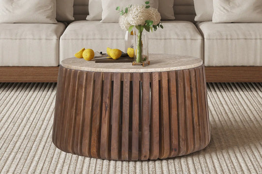 EYAN - Table basse Ronde en Bois de manguier avec plateau effet Travertin Beige - 70 cm ROUSSEAU