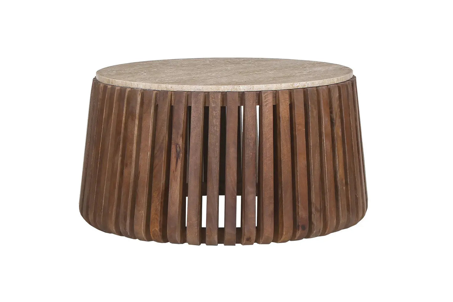 EYAN - Table basse Ronde en Bois de manguier avec plateau effet Travertin Beige - 70 cm ROUSSEAU