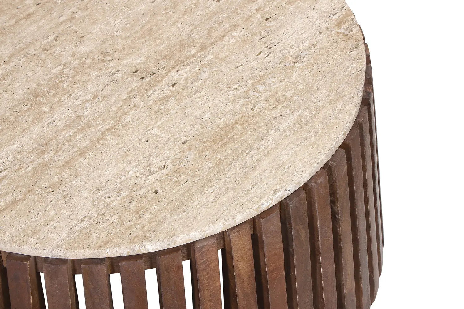 EYAN - Table basse Ronde en Bois de manguier avec plateau effet Travertin Beige - 70 cm ROUSSEAU