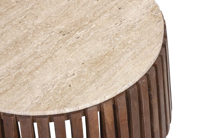EYAN - Table basse Ronde en Bois de manguier avec plateau effet Travertin Beige - 70 cm ROUSSEAU