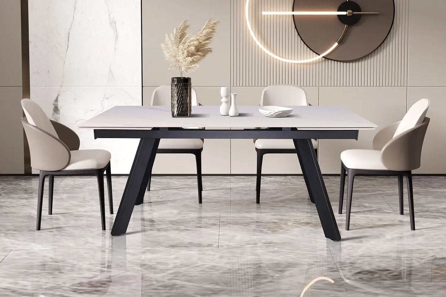 HIRA - Table à Manger Extensible Rectangulaire Plateau en Pierre - 160 à 240 cm - Blanc ROUSSEAU