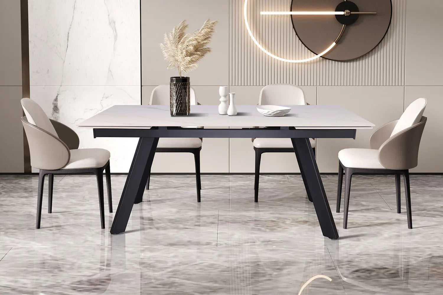 HIRA - Table à Manger Extensible Rectangulaire Plateau en Pierre - 160 à 240 cm - Blanc ROUSSEAU