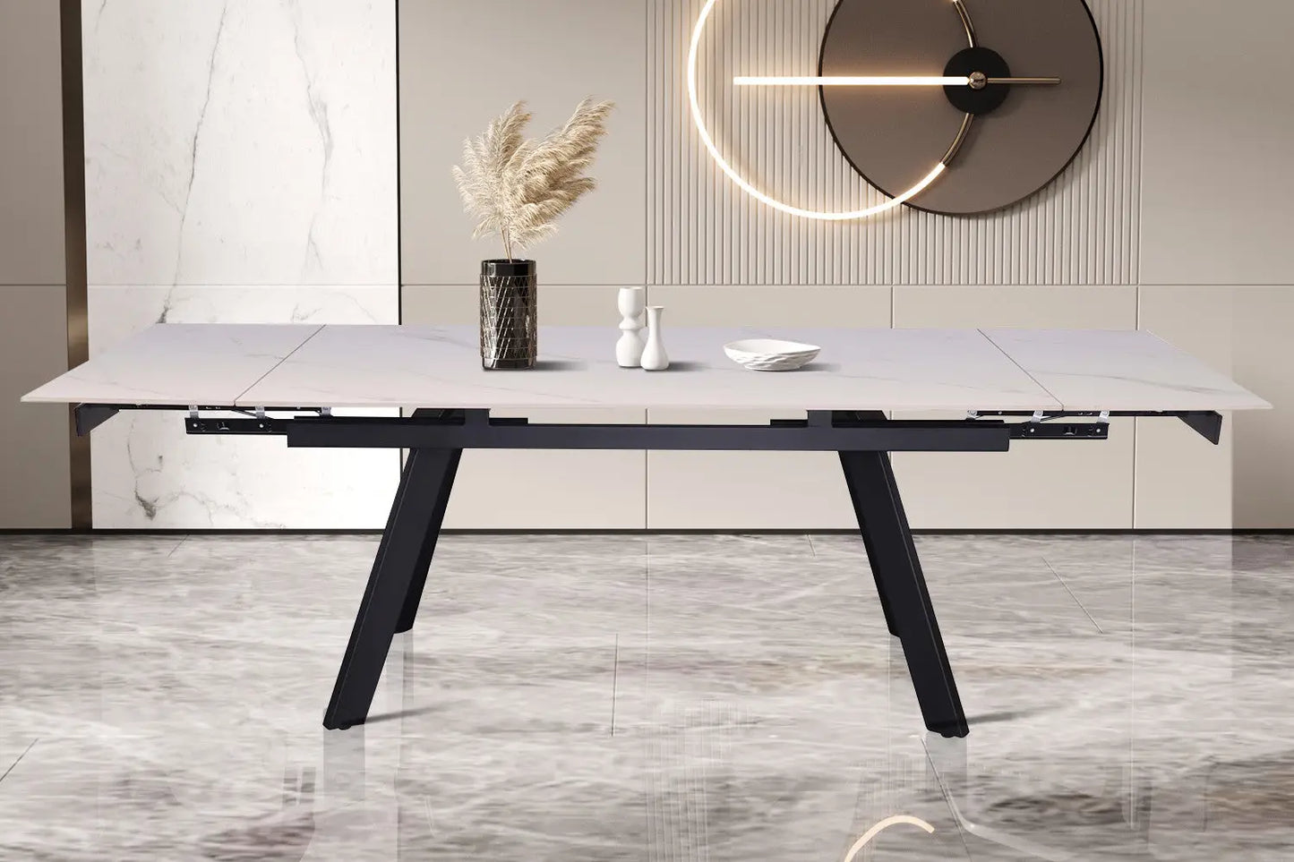 HIRA - Table à Manger Extensible Rectangulaire Plateau en Pierre - 160 à 240 cm - Blanc ROUSSEAU