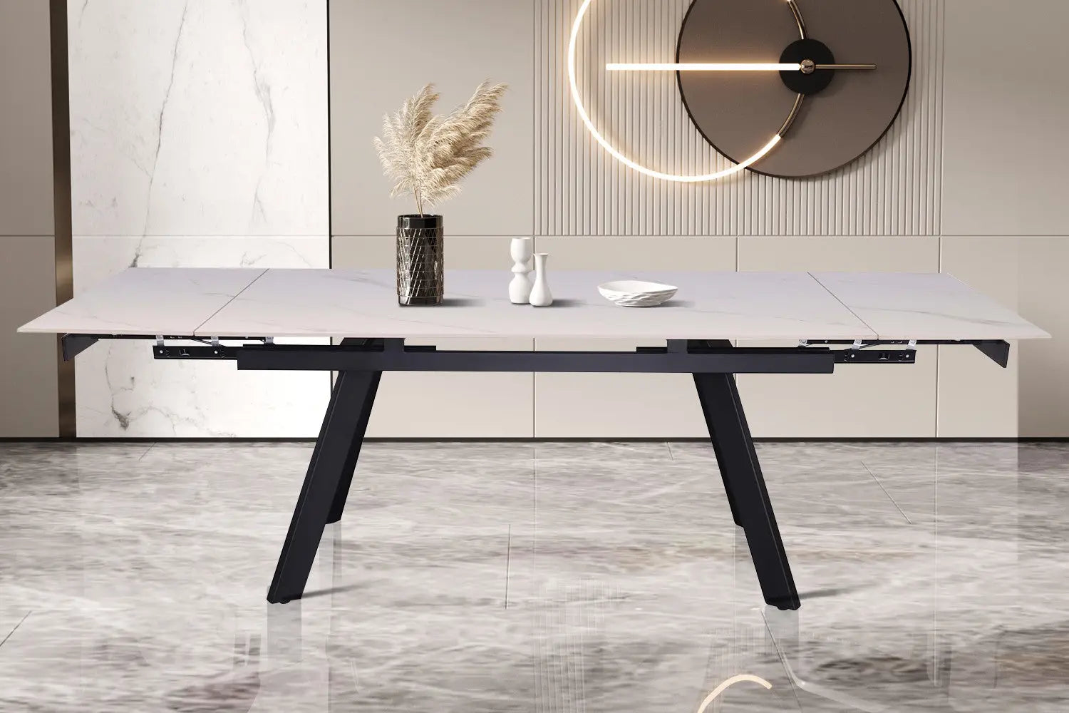HIRA - Table à Manger Extensible Rectangulaire Plateau en Pierre - 160 à 240 cm - Blanc ROUSSEAU