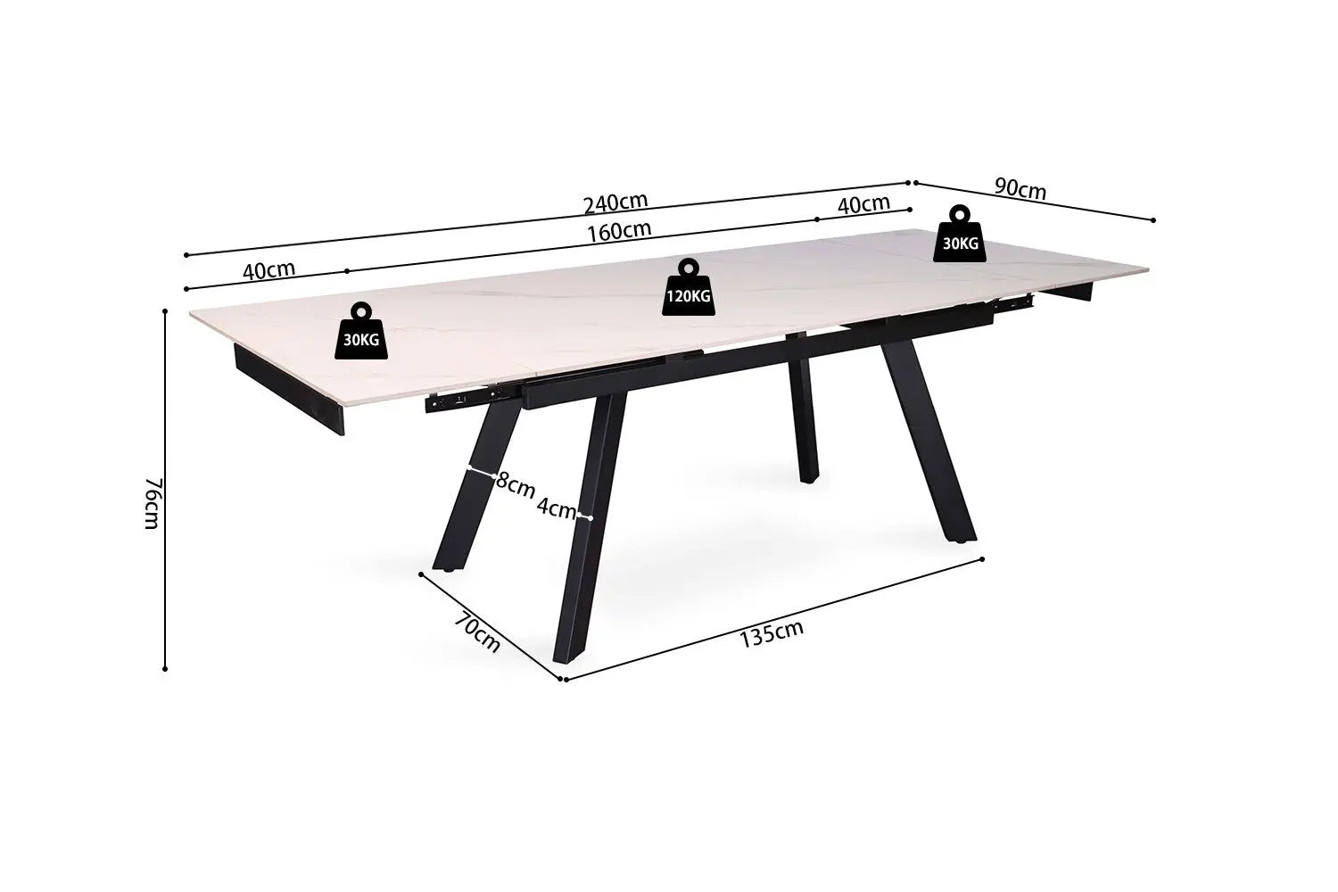 HIRA - Table à Manger Extensible Rectangulaire Plateau en Pierre - 160 à 240 cm - Blanc ROUSSEAU