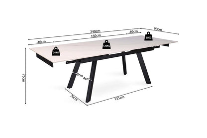 HIRA - Table à Manger Extensible Rectangulaire Plateau en Pierre - 160 à 240 cm - Blanc ROUSSEAU