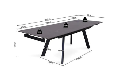 HIRA - Table à Manger Extensible Rectangulaire Plateau en Pierre - 160 à 240 cm - Noir ROUSSEAU