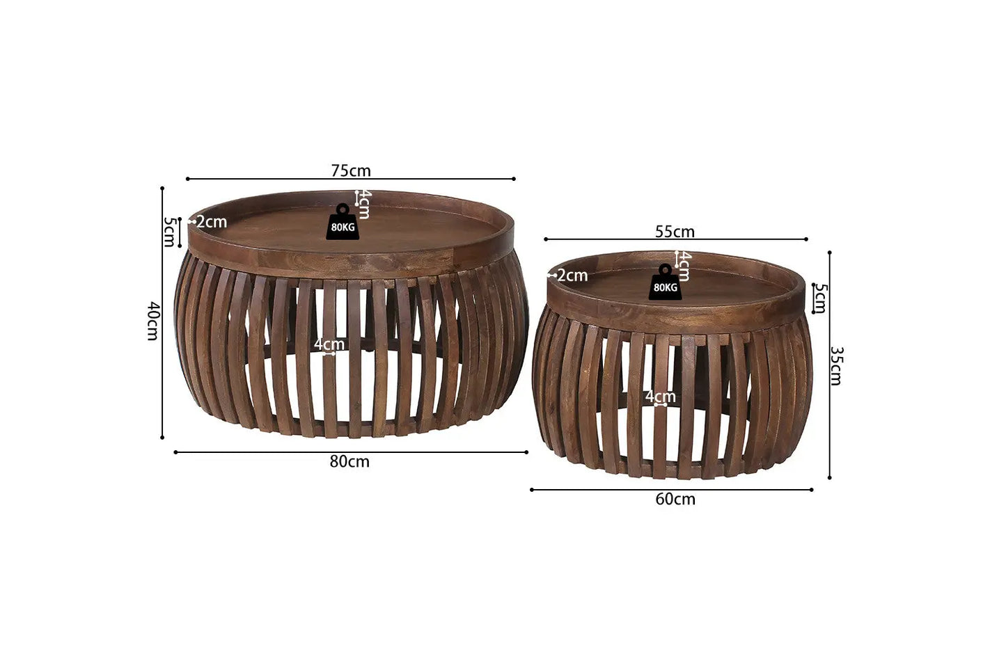 KÉA - Lot de 2 Table basse Bois de manguier Brun clair - 40-35 x 80-60 ROUSSEAU