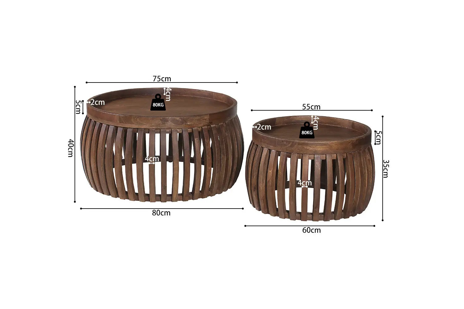 KÉA - Lot de 2 Table basse Bois de manguier Brun clair - 40-35 x 80-60 ROUSSEAU