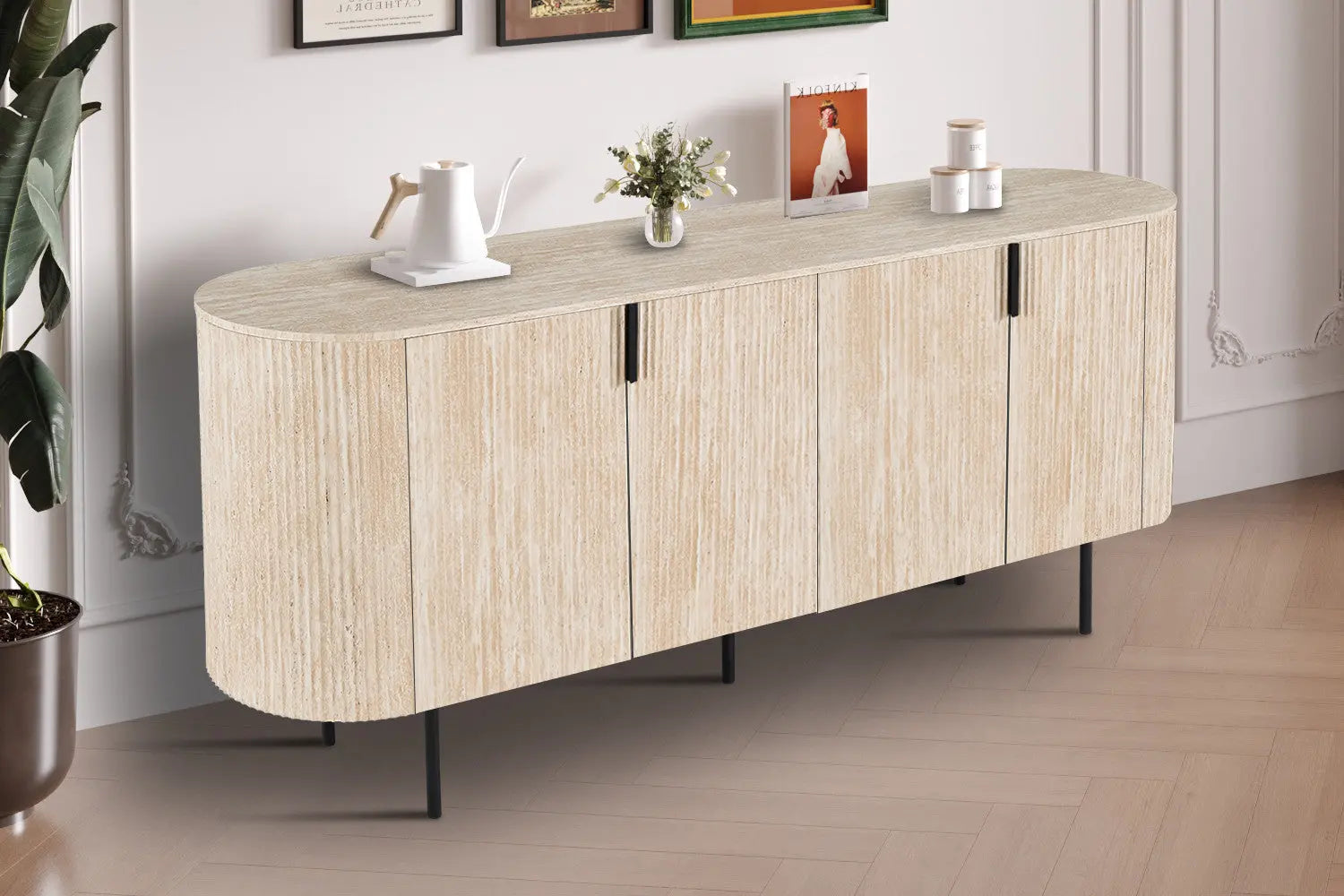Buffet Effet Travertin Beige LYANE - 200 cm - TIKOYA