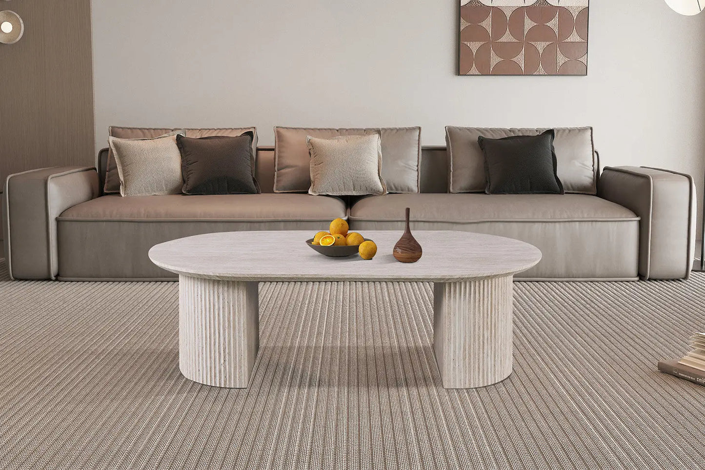 LYANE - Table Basse Ovale - 120 cm - Effet Travertin Beige ROUSSEAU