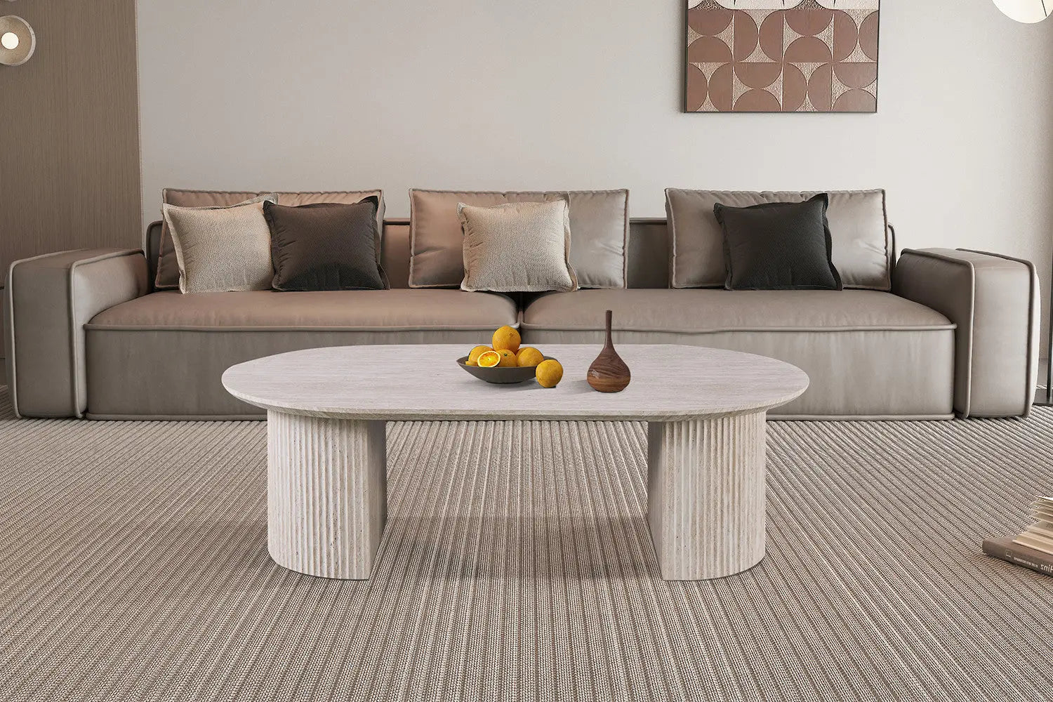 LYANE - Table Basse Ovale - 120 cm - Effet Travertin Beige ROUSSEAU