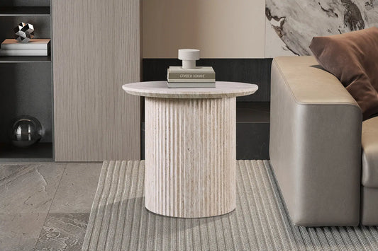 LYANE - Table Basse Ronde - 50 cm - Effet Travertin Beige ROUSSEAU