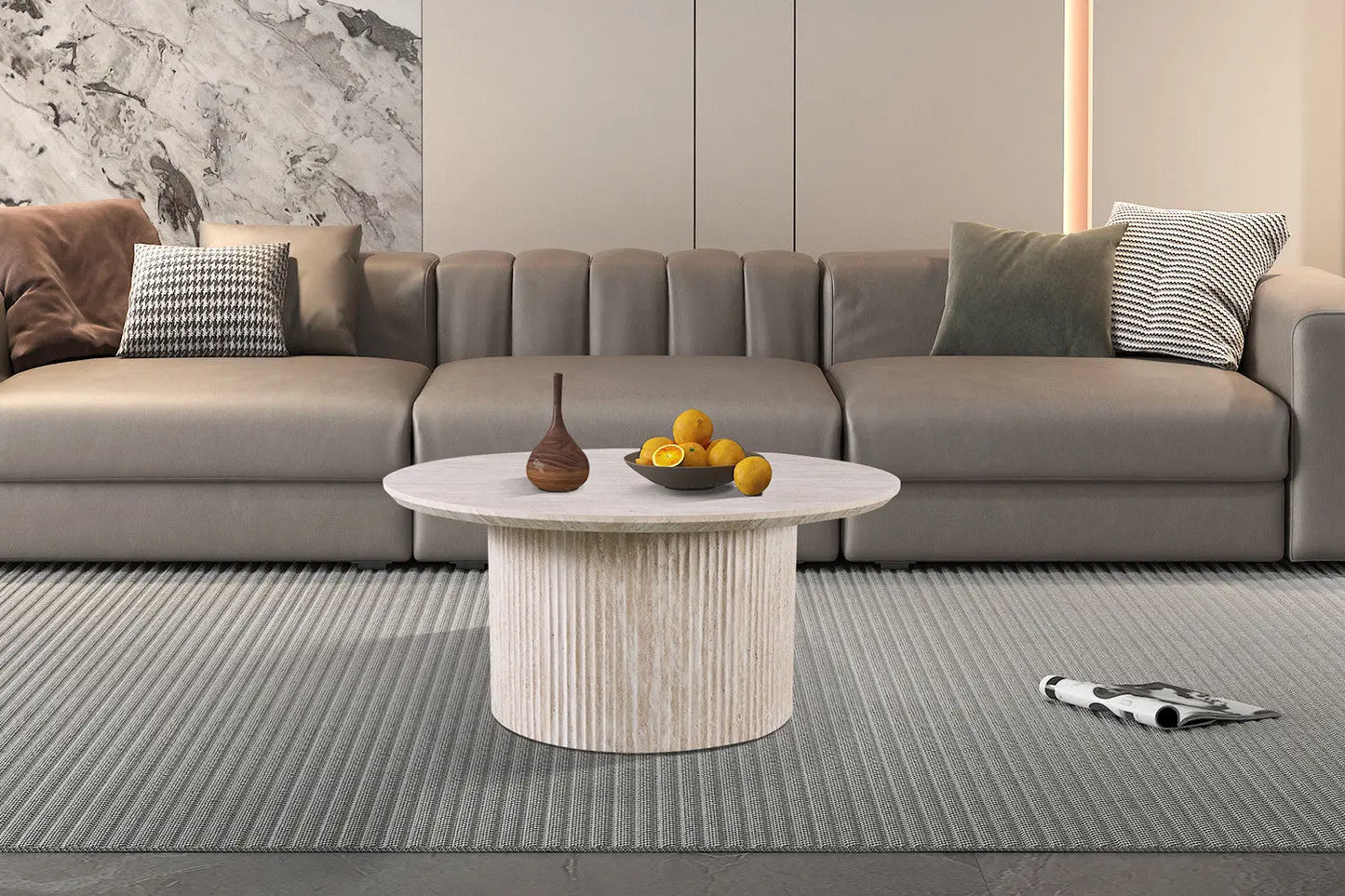 LYANE - Table Basse Ronde - 80 cm - Effet Travertin Beige ROUSSEAU