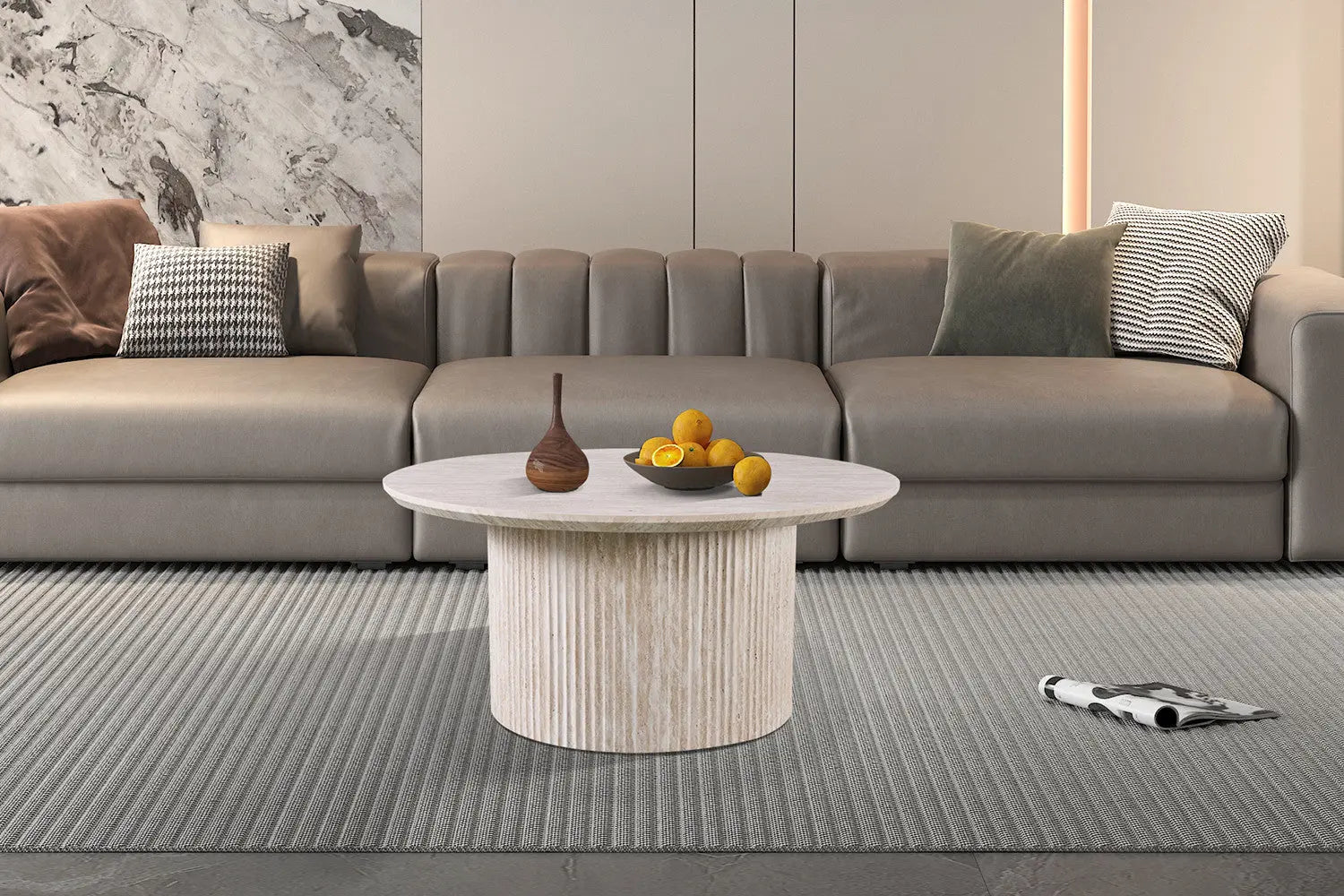 LYANE - Table Basse Ronde - 80 cm - Effet Travertin Beige ROUSSEAU