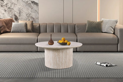 LYANE - Table Basse Ronde - 80 cm - Effet Travertin Beige ROUSSEAU