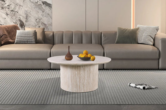 LYANE - Table Basse Ronde - 80 cm - Effet Travertin Beige ROUSSEAU