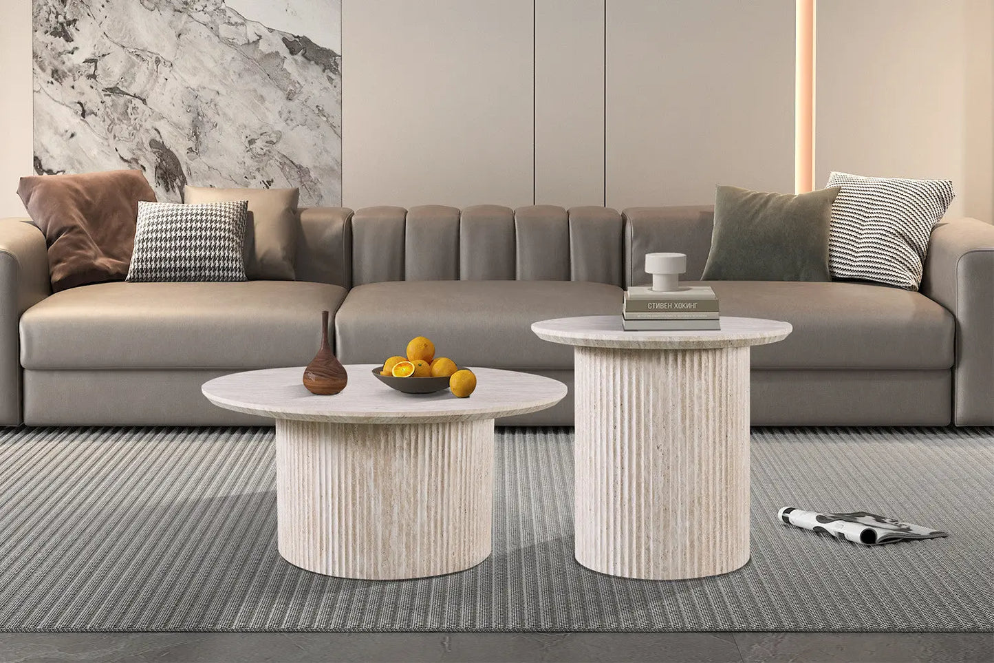 LYANE - Table Basse Ronde - 80 cm - Effet Travertin Beige ROUSSEAU