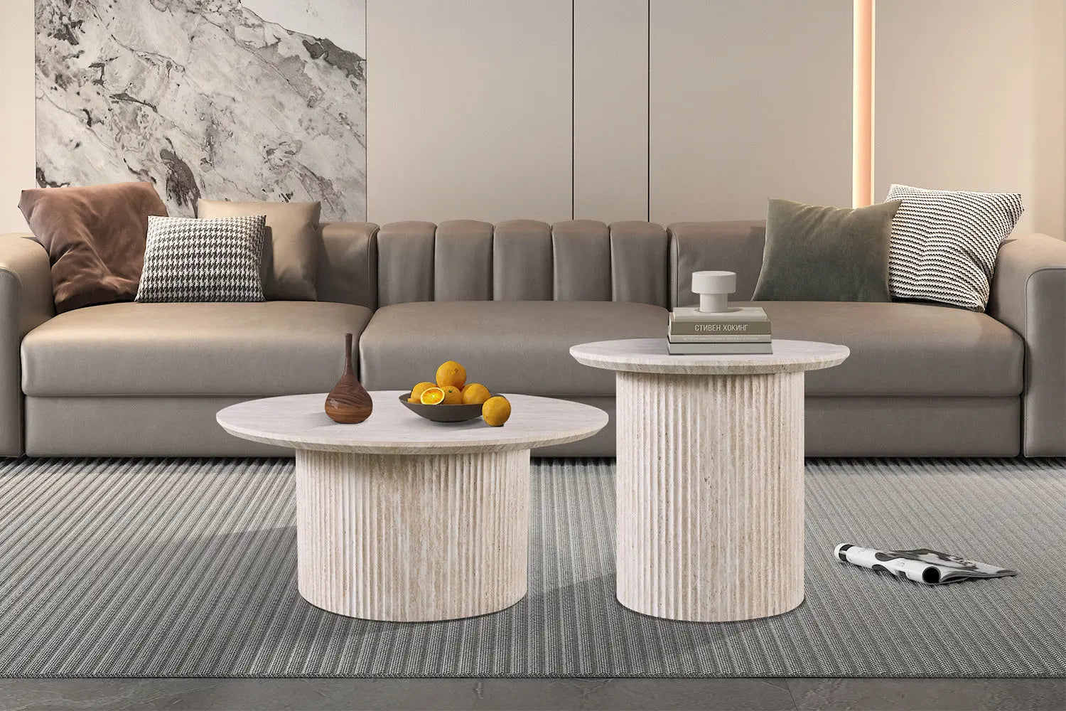 LYANE - Table Basse Ronde - 80 cm - Effet Travertin Beige ROUSSEAU