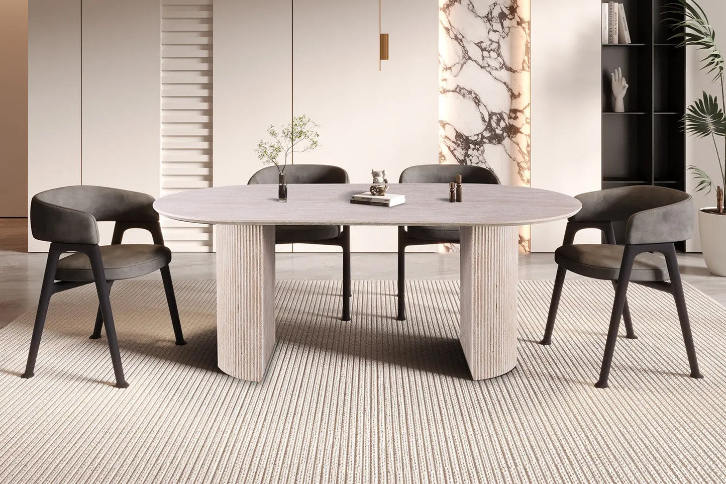 LYANE - Table à Manger Ovale - 200 ou 220 cm - Effet Travertin Beige, 200 cm ROUSSEAU