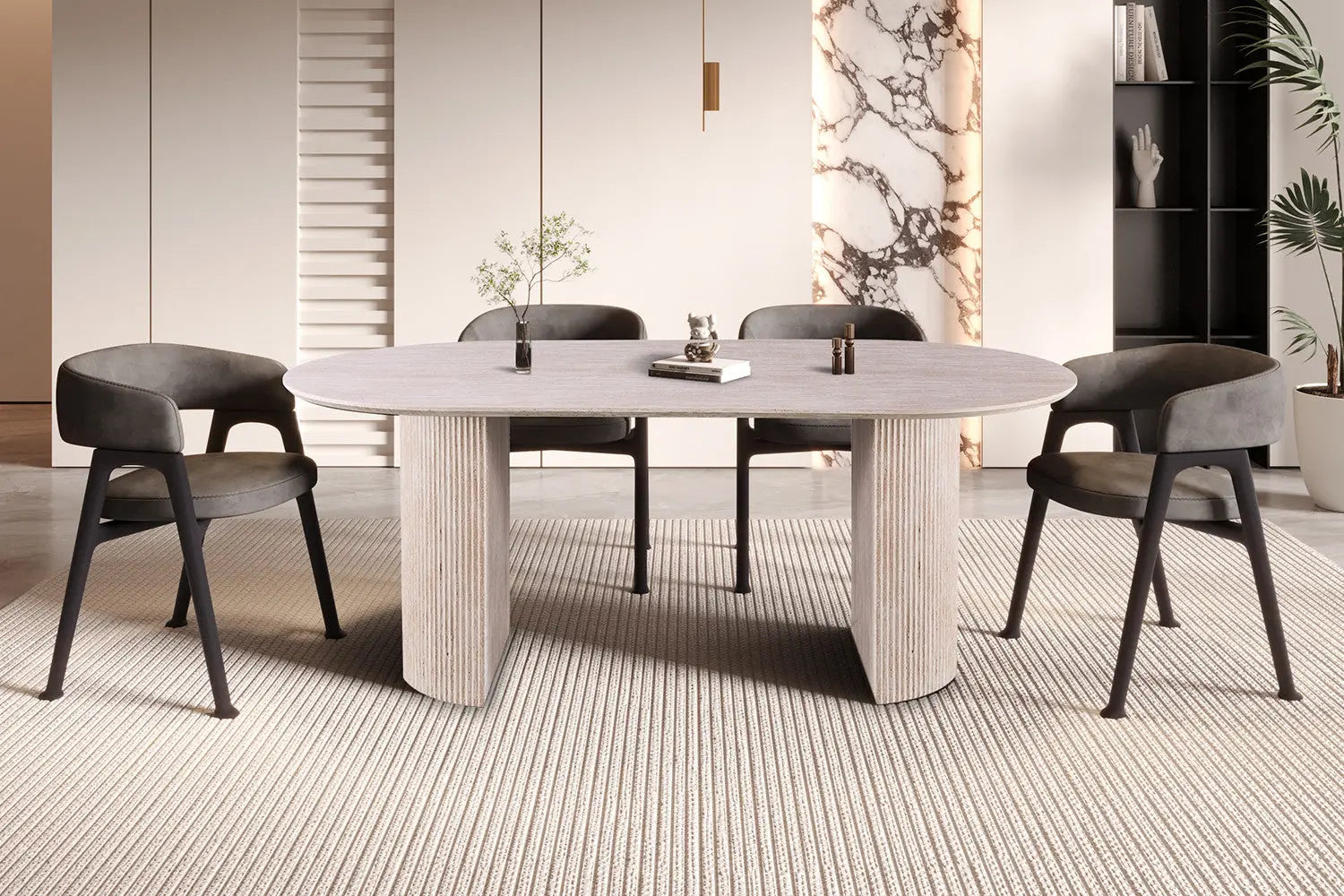 LYANE - Table à Manger Ovale - 200 ou 220 cm - Effet Travertin Beige, 200 cm ROUSSEAU