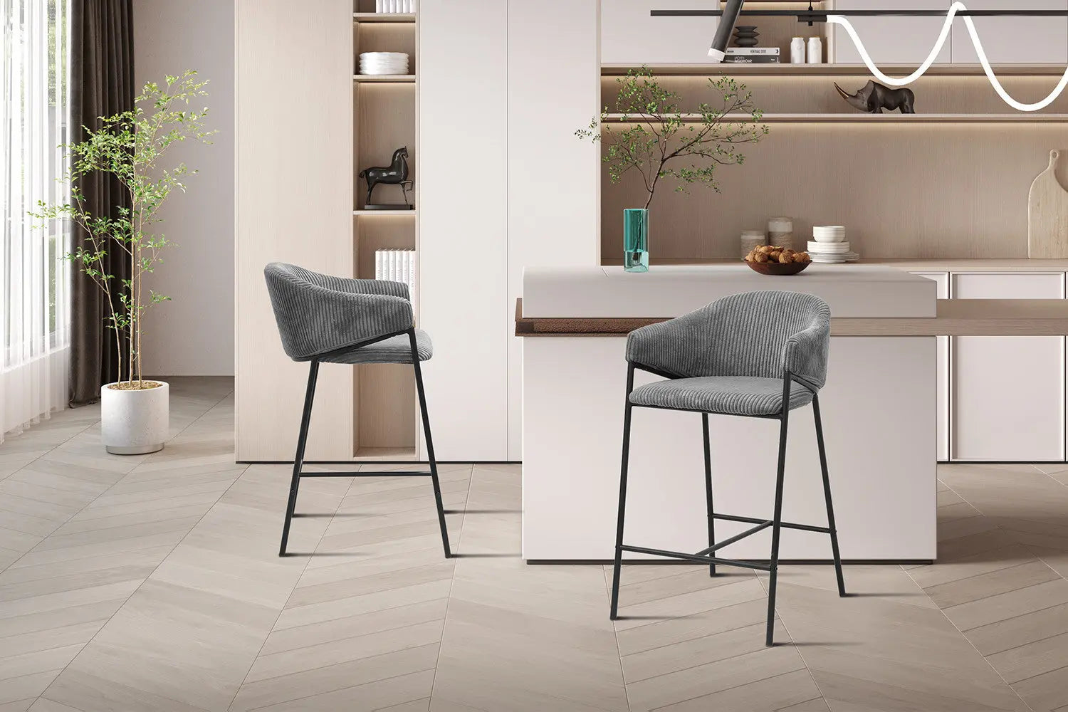 Lot de Chaises de Bar HINAYA en Tissu Velours Côtelé Gris Foncé - 54 x 59 cm ROUSSEAU