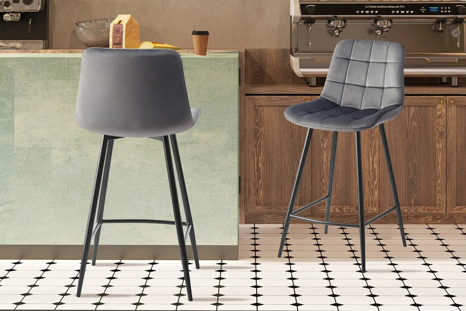 Lot de Chaises de Bar JULIA en Tissu Velours Gris Foncé - 46 x 36 cm Tikoya