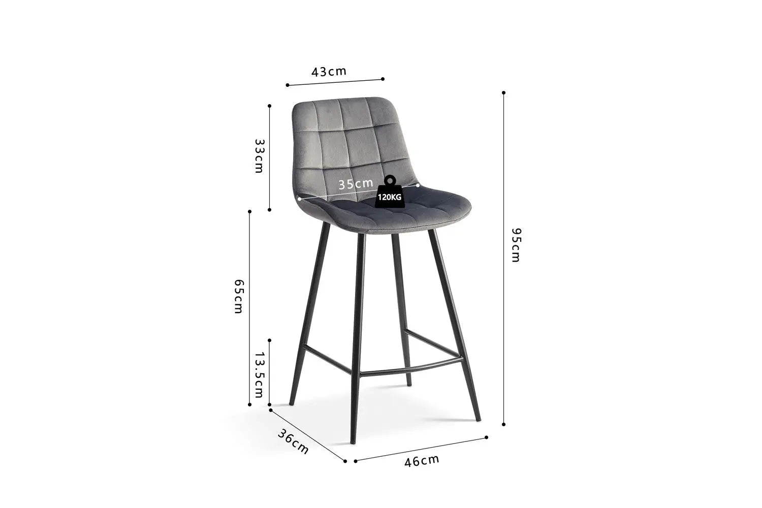 Lot de Chaises de Bar JULIA en Tissu Velours Gris Foncé - 46 x 36 cm Tikoya