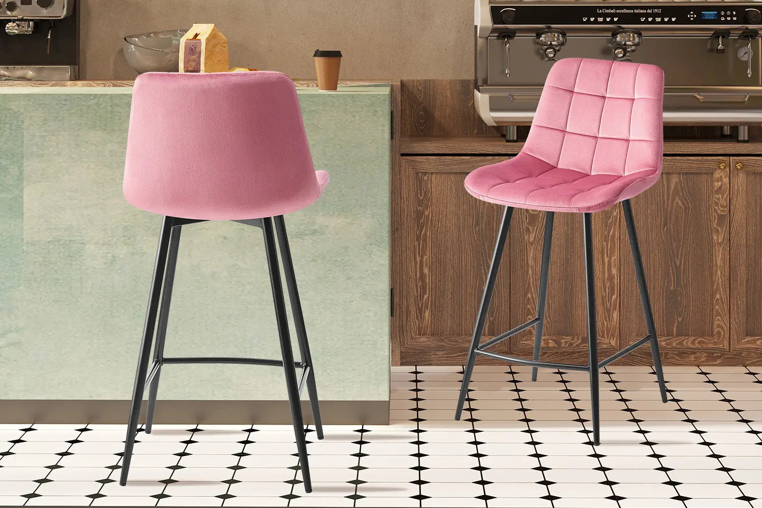 Lot de Chaises de Bar JULIA en Tissu Velours Rose - 46 x 36 cm TiKoya