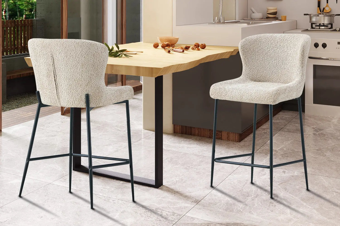Lot de Chaises de Bar LISE en Tissu Bouclé Beige - 51.5 x 56 cm ROUSSEAU