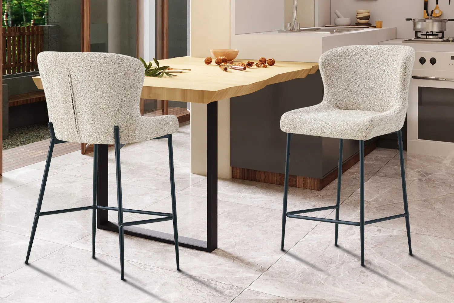 Lot de Chaises de Bar LISE en Tissu Bouclé Beige - 51.5 x 56 cm ROUSSEAU