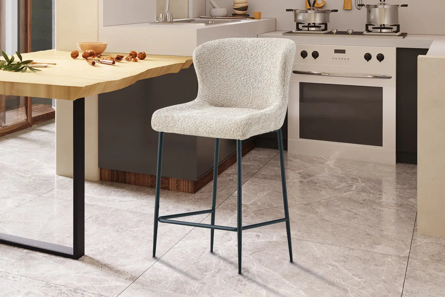 Lot de Chaises de Bar LISE en Tissu Bouclé Beige - 51.5 x 56 cm ROUSSEAU