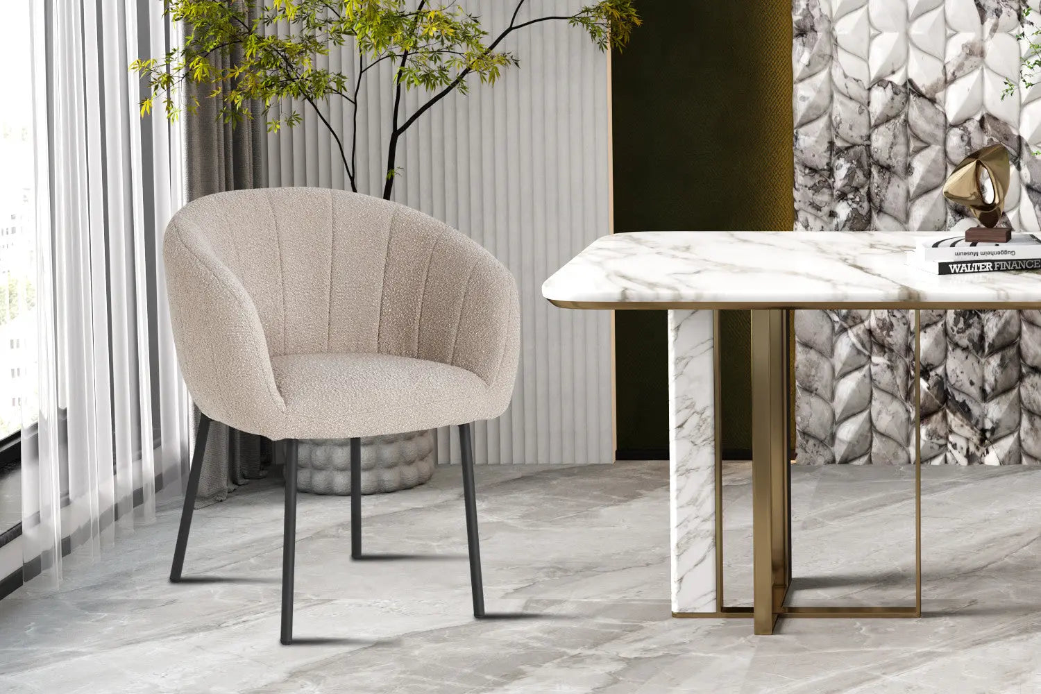Lot de Chaises de Salle à Manger SAVINA en Tissu Bouclé Sable - 57 x 62 cm ROUSSEAU