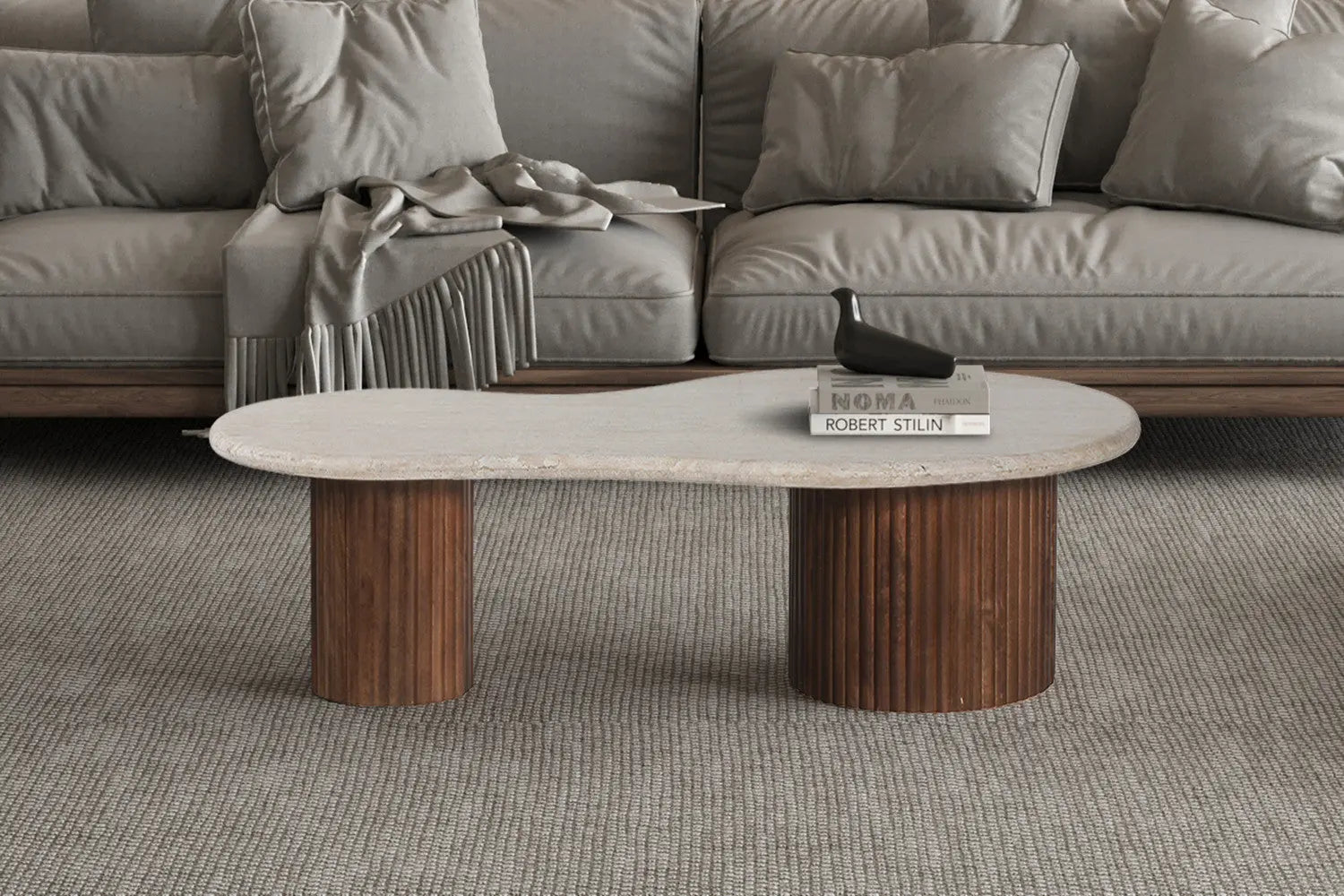 MARLEY - Table basse en Bois de manguier avec plateau en Travertin Beige - 120 cm ROUSSEAU
