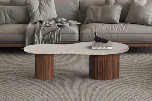 MARLEY - Table basse en Bois de manguier avec plateau en Travertin Beige - 120 cm ROUSSEAU