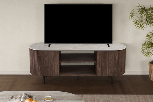 Meuble TV VEKO 160 cm Décor Chêne Foncé Plateau Pierre Frittée Beige - vue principale
