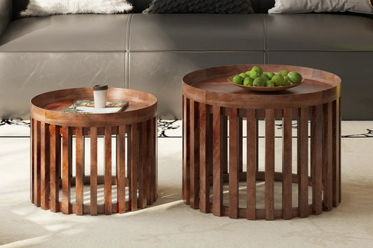 NAEL - Lot de 2 Tables basses Ronde Bois de Manguier Brun Clair - 48x48 cm et 60x60 cm ROUSSEAU