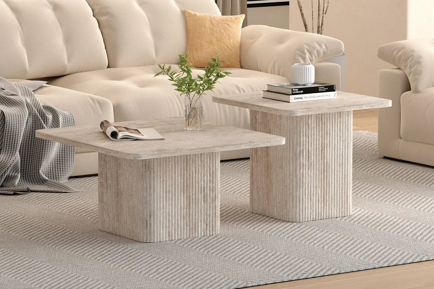 NOLYA - Lot de 2 Table basses Effet Travertin Beige - 52x60 cm et 80x80 cm ROUSSEAU