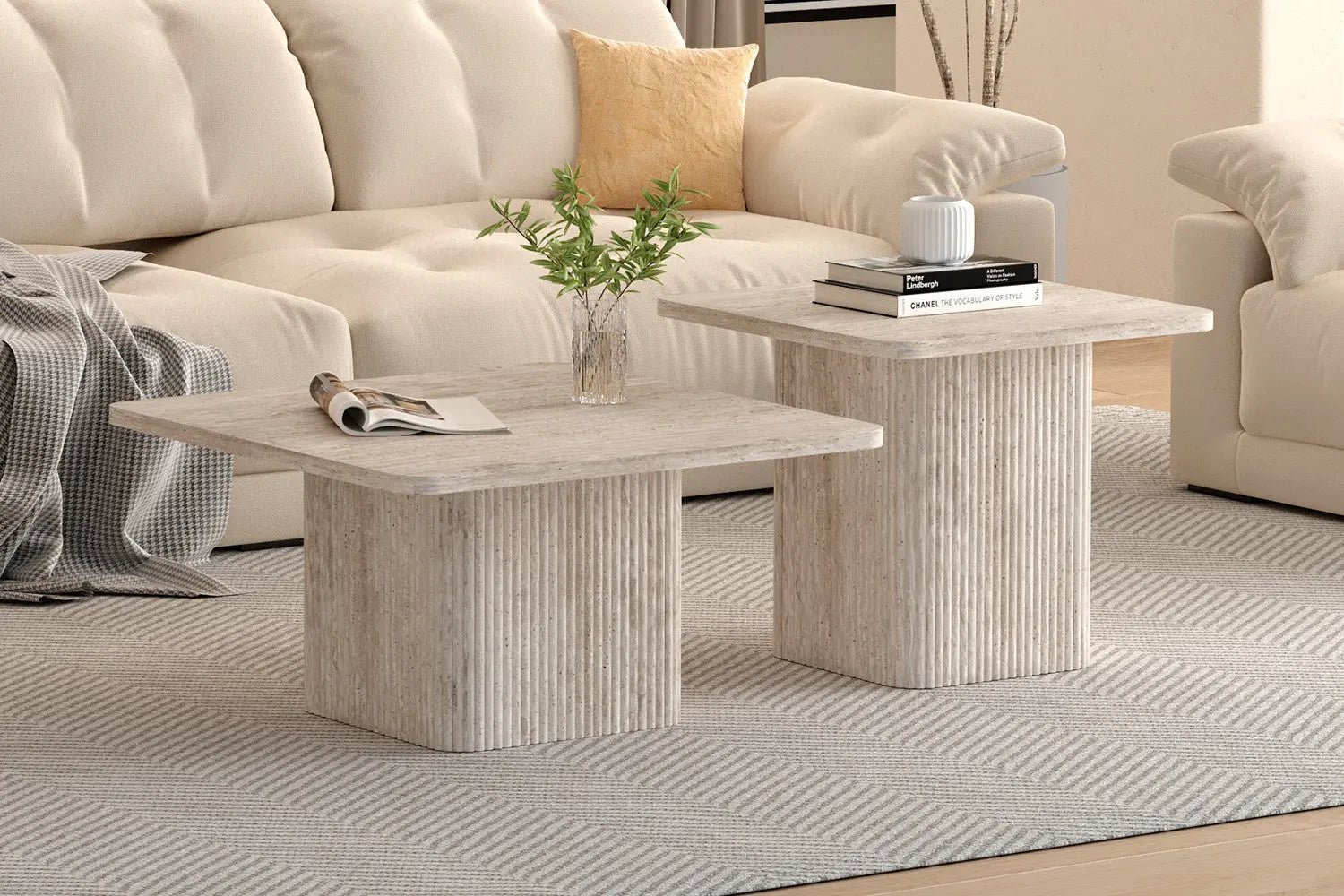 NOLYA - Lot de 2 Table basses Effet Travertin Beige - 52x60 cm et 80x80 cm ROUSSEAU