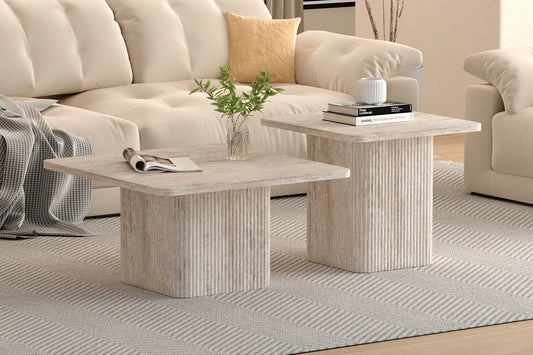 NOLYA - Lot de 2 Table basses Effet Travertin Beige - 52x60 cm et 80x80 cm ROUSSEAU
