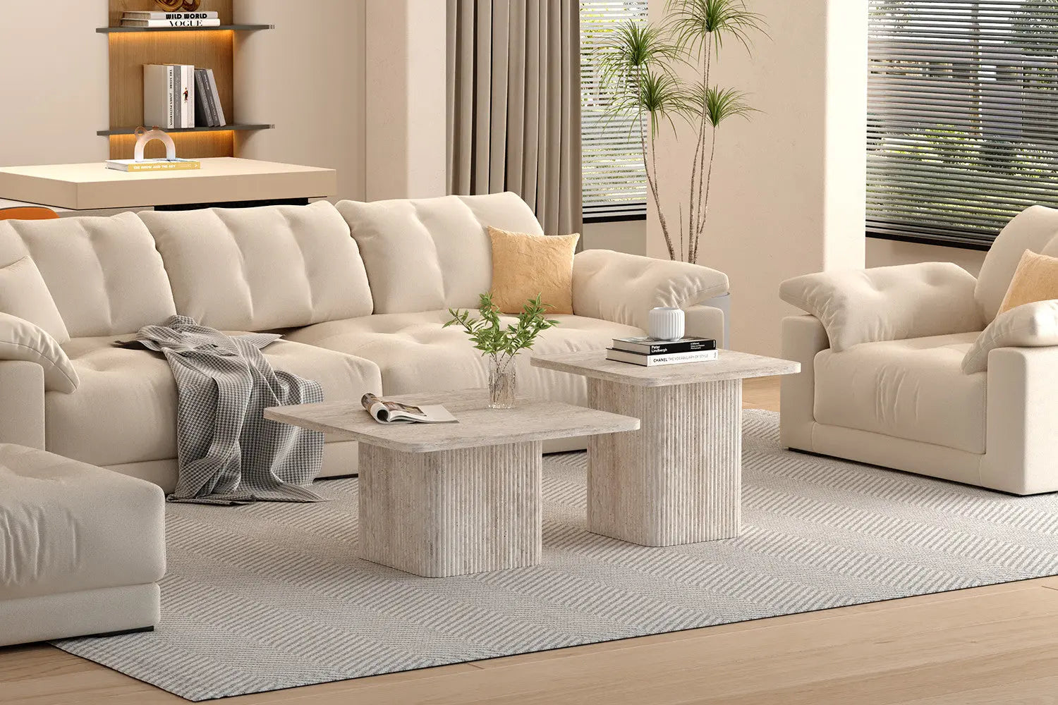 NOLYA - Lot de 2 Table basses Effet Travertin Beige - 52x60 cm et 80x80 cm ROUSSEAU